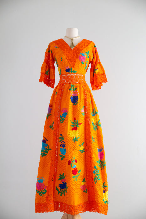 Marigold Dream Embroidered 1970's Maxi Dress From Mexico / SM