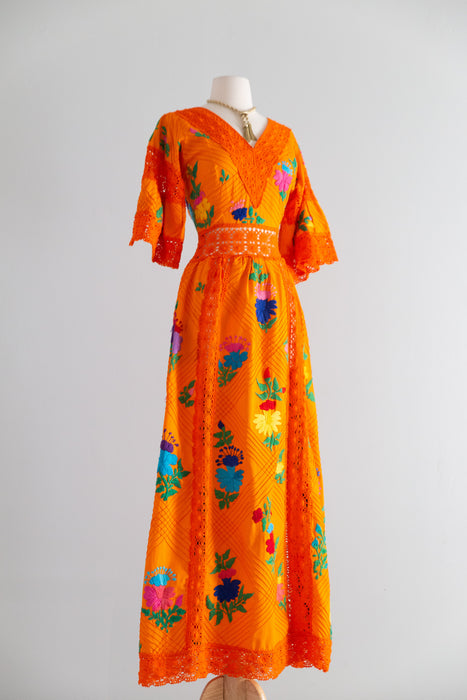 Marigold Dream Embroidered 1970's Maxi Dress From Mexico / SM