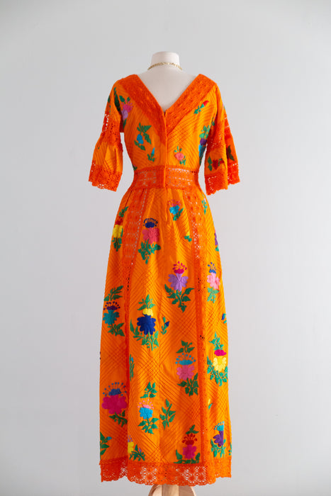Marigold Dream Embroidered 1970's Maxi Dress From Mexico / SM
