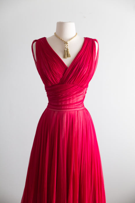 Stunning 1950's Ernest Newman Crimson Silk Couture Cocktail Dress AS-IS / SM