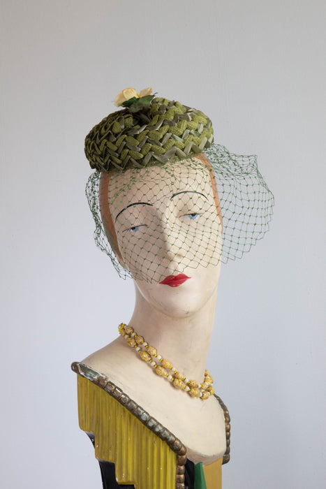 Darling 1950's Moss Green Fascinator With Yellow Rose and Veiling / OS