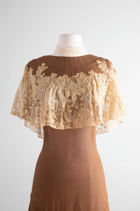 Gorgeous 1920's Bittersweet Cocoa Silk Afternoon Dress With Embroidered Antique Lace / Small