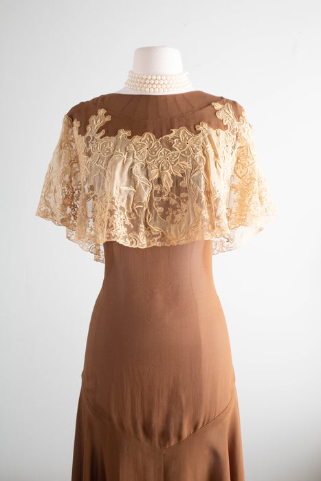 Gorgeous 1920's Bittersweet Cocoa Silk Afternoon Dress With Embroidered Antique Lace / Small