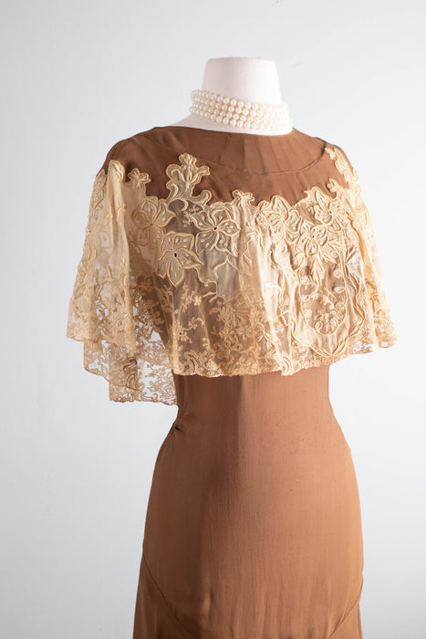 Gorgeous 1920's Bittersweet Cocoa Silk Afternoon Dress With Embroidered Antique Lace / Small