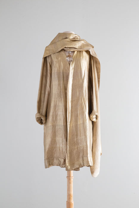 Rare 1920's Liquid Gold Lamé Opera Cocoon Coat With Hood & Velvet Lining / SM