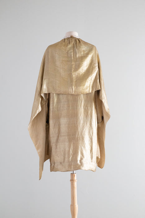 Rare 1920's Liquid Gold Lamé Opera Cocoon Coat With Hood & Velvet Lining / SM