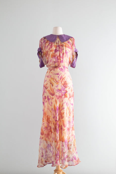 Glorious 1930's Silk Chiffon Morning Glory Print Bias Cut Gown In Shades of Autumn Foliage / SM