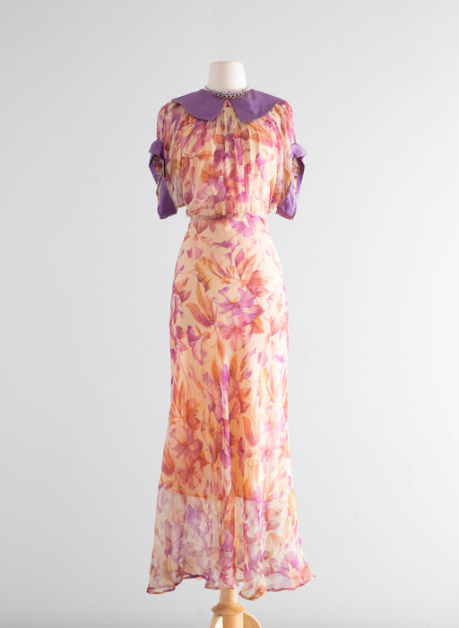 Glorious 1930's Silk Chiffon Morning Glory Print Bias Cut Gown In Shades of Autumn Foliage / SM