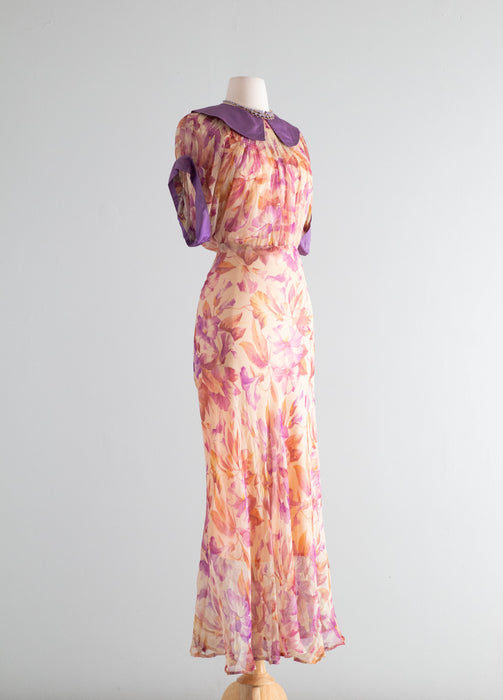 Glorious 1930's Silk Chiffon Morning Glory Print Bias Cut Gown In Shades of Autumn Foliage / SM