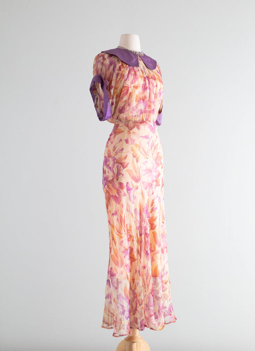 Glorious 1930's Silk Chiffon Morning Glory Print Bias Cut Gown In Shades of Autumn Foliage / SM