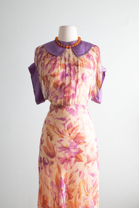 Glorious 1930's Silk Chiffon Morning Glory Print Bias Cut Gown In Shades of Autumn Foliage / SM