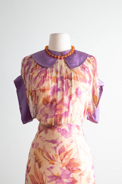 Glorious 1930's Silk Chiffon Morning Glory Print Bias Cut Gown In Shades of Autumn Foliage / SM