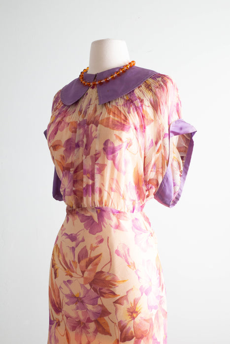 Glorious 1930's Silk Chiffon Morning Glory Print Bias Cut Gown In Shades of Autumn Foliage / SM