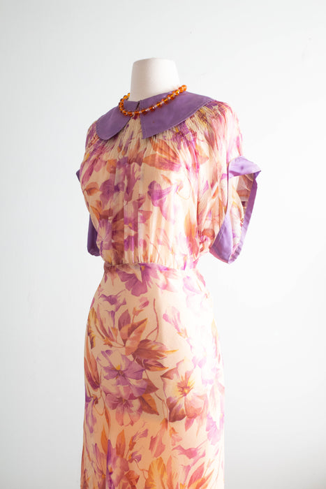 Glorious 1930's Silk Chiffon Morning Glory Print Bias Cut Gown In Shades of Autumn Foliage / SM