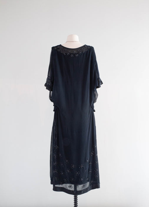 Rare 1920's Midnight Beaded Silk Evening Dress / M