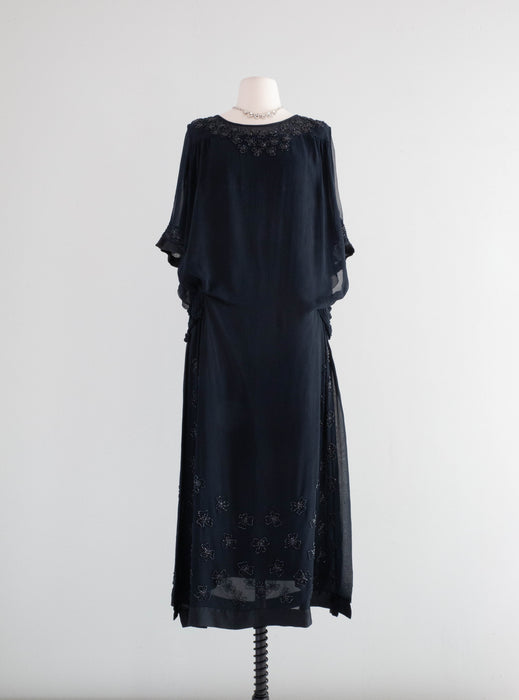 Rare 1920's Midnight Beaded Silk Evening Dress / M