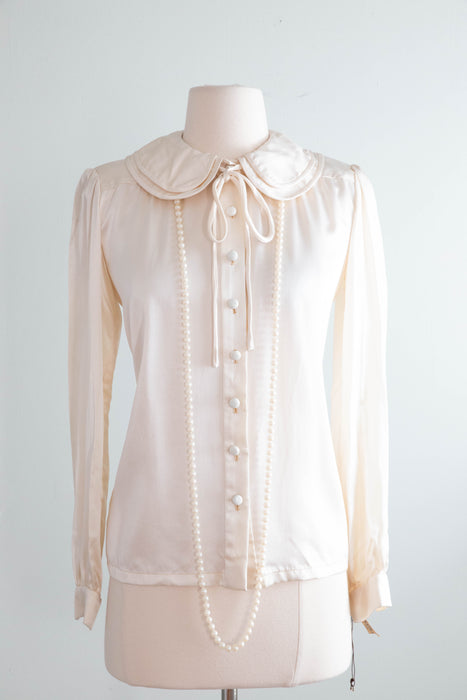 Pristine 1970's Valentino Ivory Silk Blouse With Peter Pan Collar NOS / Small