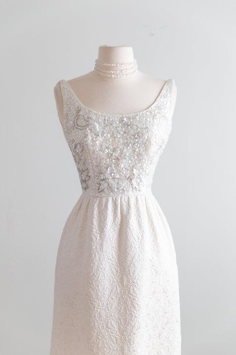 Elegant 1960's Beaded Ivory Brocade Midi Length Evening Dress / S