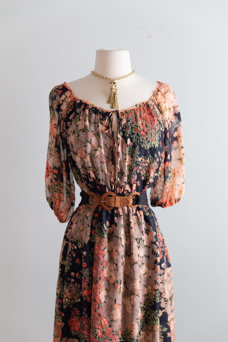 Lovely 1970's Autumnal Floral Silk Chiffon Dress / SM
