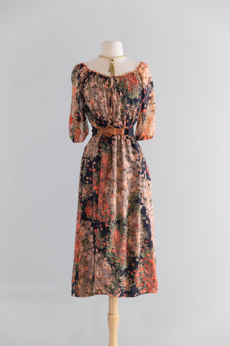 Lovely 1970's Autumnal Floral Silk Chiffon Dress / SM