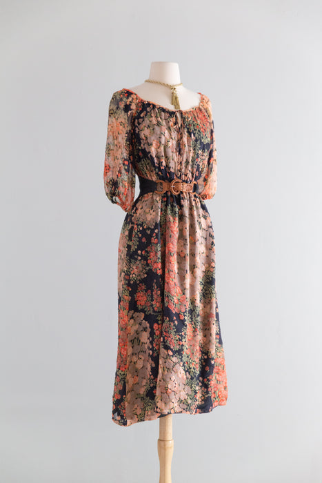 Lovely 1970's Autumnal Floral Silk Chiffon Dress / SM