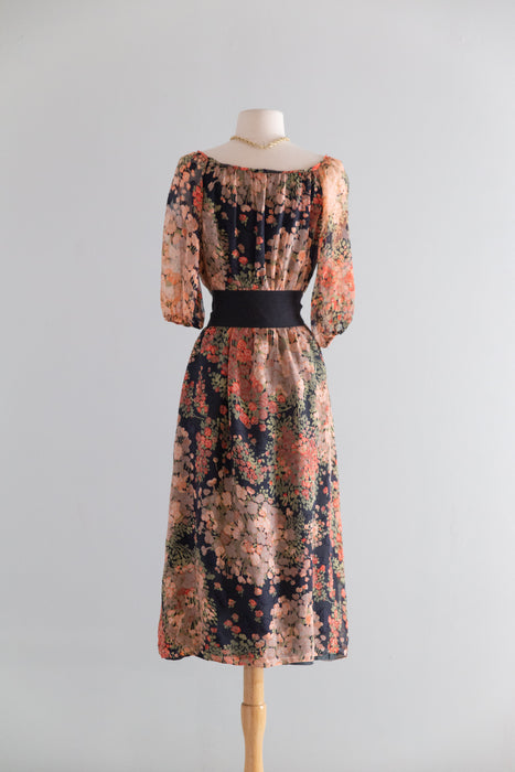 Lovely 1970's Autumnal Floral Silk Chiffon Dress / SM