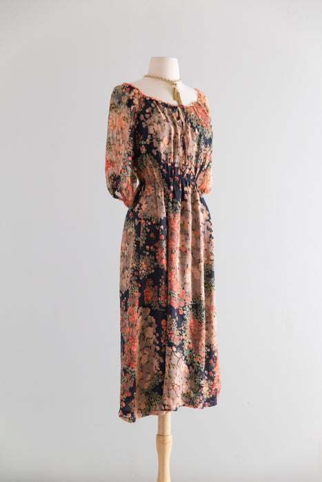 Lovely 1970's Autumnal Floral Silk Chiffon Dress / SM