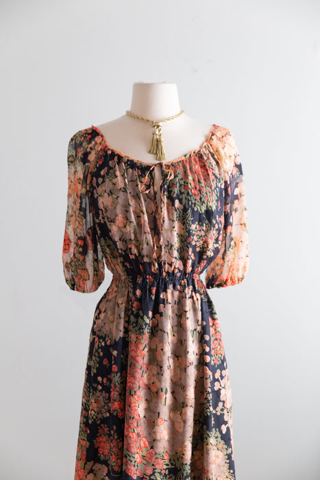 Lovely 1970's Autumnal Floral Silk Chiffon Dress / SM