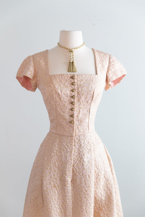 Fabulous 1960's Pink And Gold Metallic Brocade Dirndl-Style Cocktail Dress / ML