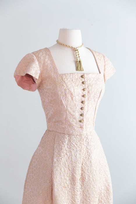 Fabulous 1960's Pink And Gold Metallic Brocade Dirndl-Style Cocktail Dress / ML