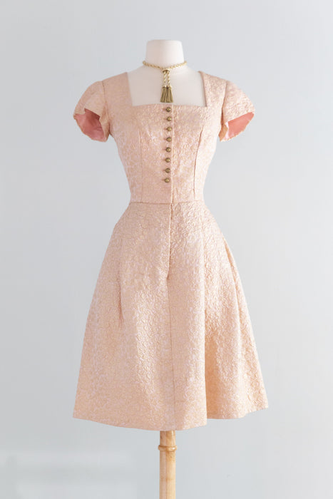 Fabulous 1960's Pink And Gold Metallic Brocade Dirndl-Style Cocktail Dress / ML