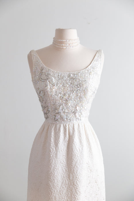 Elegant 1960's Beaded Ivory Brocade Midi Length Evening Dress / S