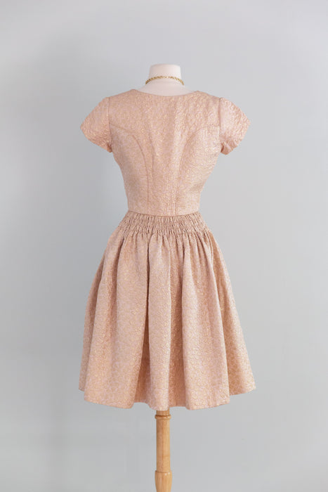 Fabulous 1960's Pink And Gold Metallic Brocade Dirndl-Style Cocktail Dress / ML