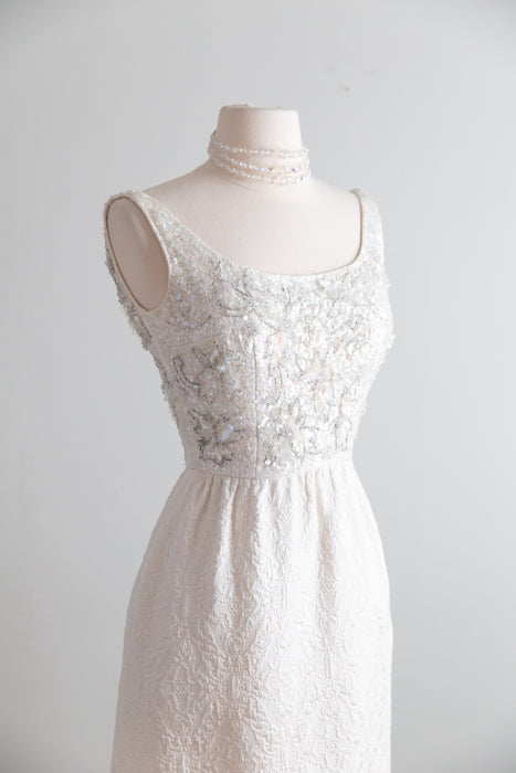 Elegant 1960's Beaded Ivory Brocade Midi Length Evening Dress / S