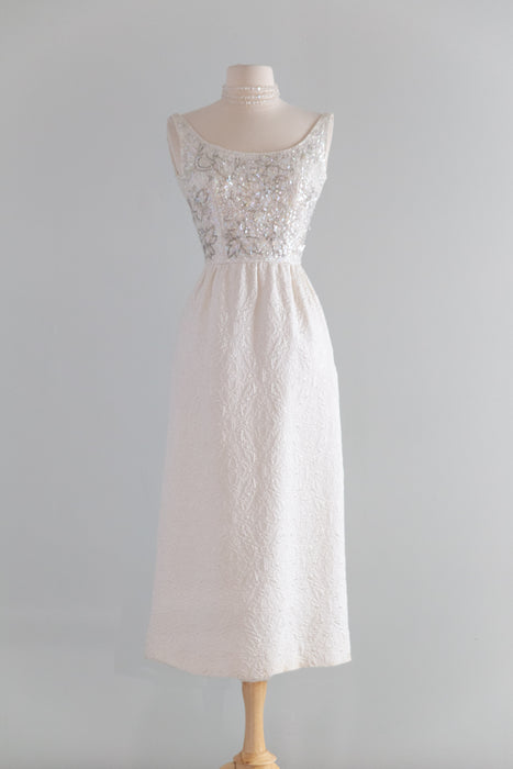 Elegant 1960's Beaded Ivory Brocade Midi Length Evening Dress / S