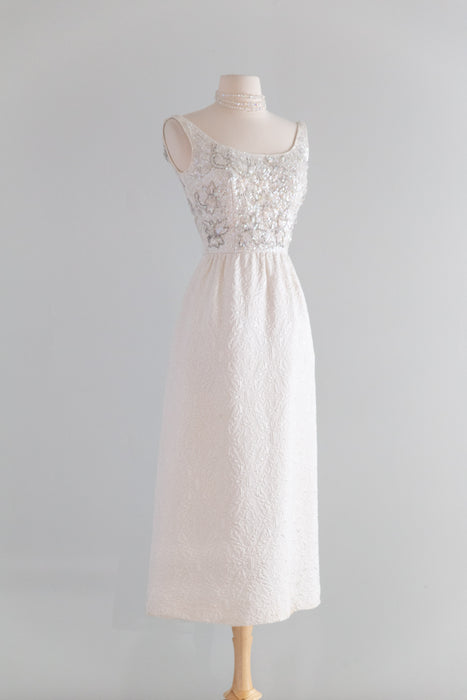 Elegant 1960's Beaded Ivory Brocade Midi Length Evening Dress / S