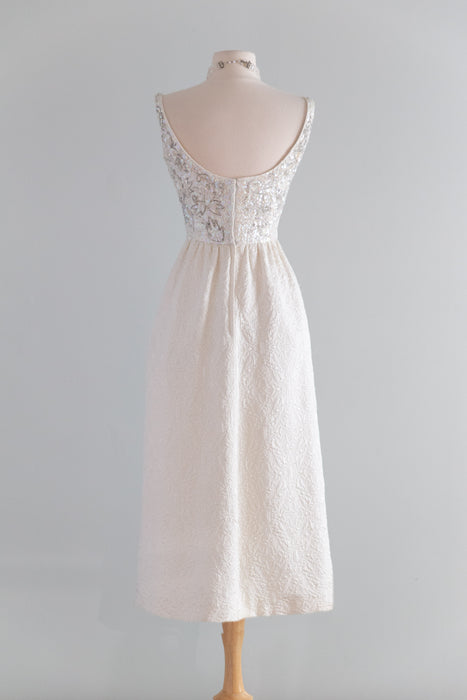Elegant 1960's Beaded Ivory Brocade Midi Length Evening Dress / S