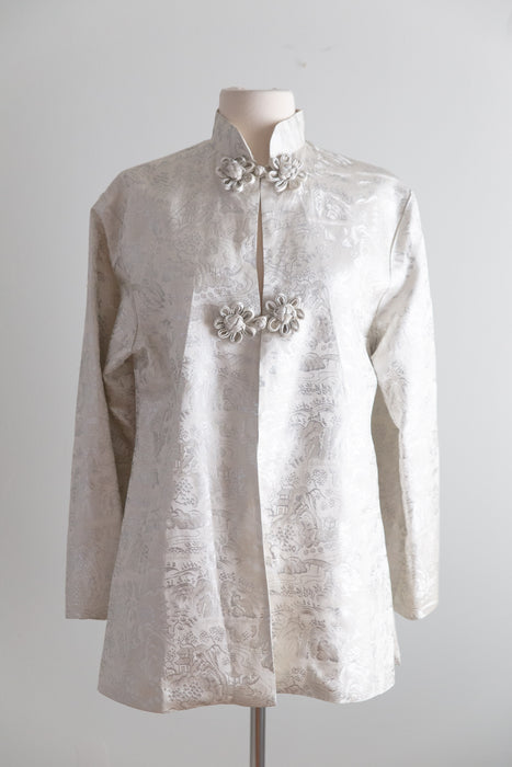 Vintage 1940's Silver Brocade Swing Coat With Matching Bag / M