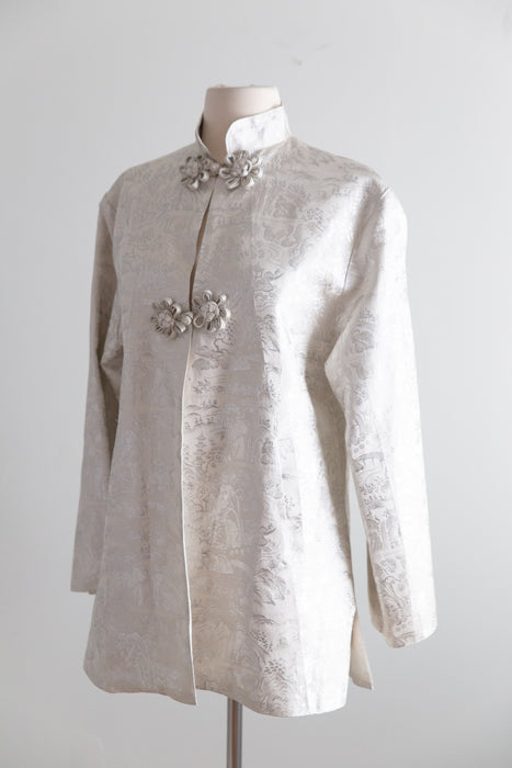 Vintage 1940's Silver Brocade Swing Coat With Matching Bag / M