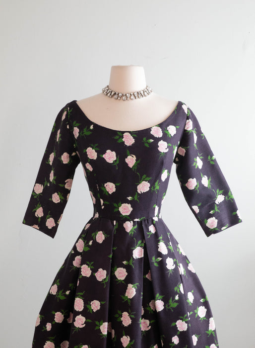 Classic 1950's French Couture Rose Print Party Dress Jean Dando Paris / Small