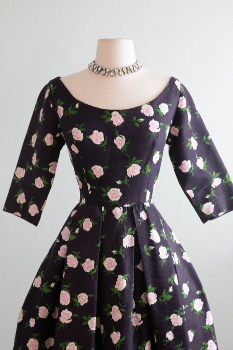 Classic 1950's French Couture Rose Print Party Dress Jean Dando Paris / Small