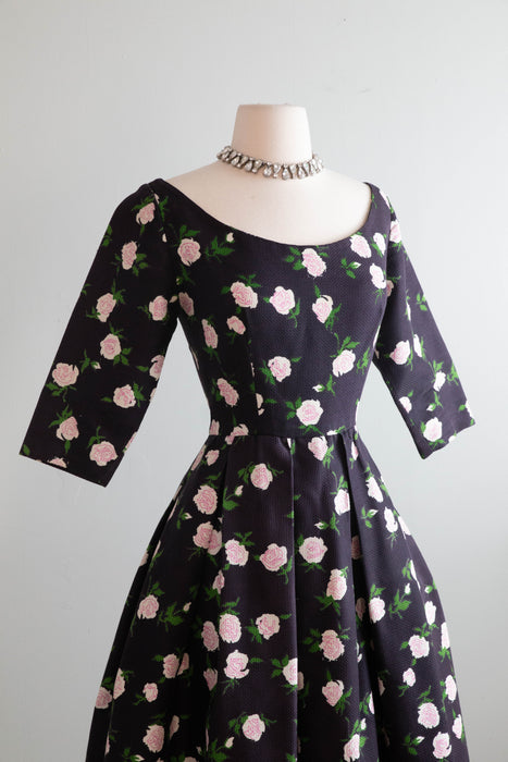 Classic 1950's French Couture Rose Print Party Dress Jean Dando Paris / Small