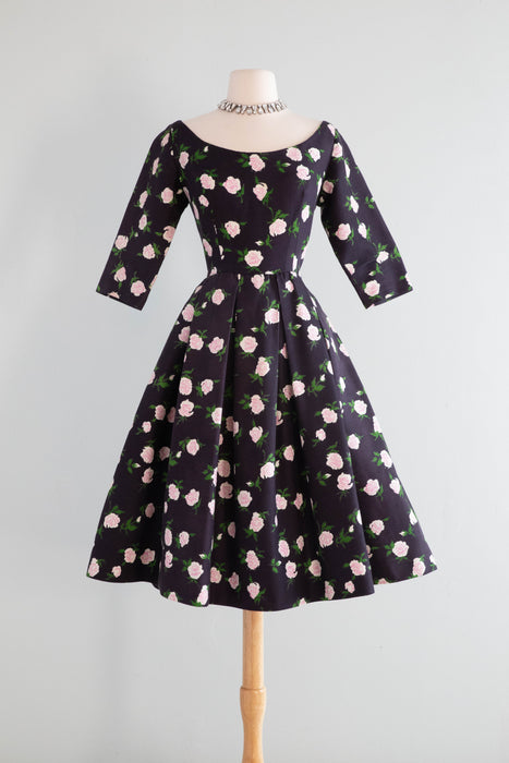 Classic 1950's French Couture Rose Print Party Dress Jean Dando Paris / Small