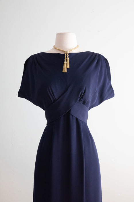 Elegant 1950's Navy Blue Silk Dress By Adele Simpson / Medium