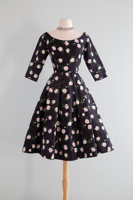 Classic 1950's French Couture Rose Print Party Dress Jean Dando Paris / Small