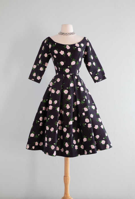 Classic 1950's French Couture Rose Print Party Dress Jean Dando Paris / Small