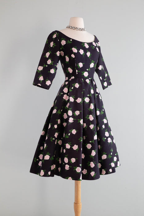 Classic 1950's French Couture Rose Print Party Dress Jean Dando Paris / Small