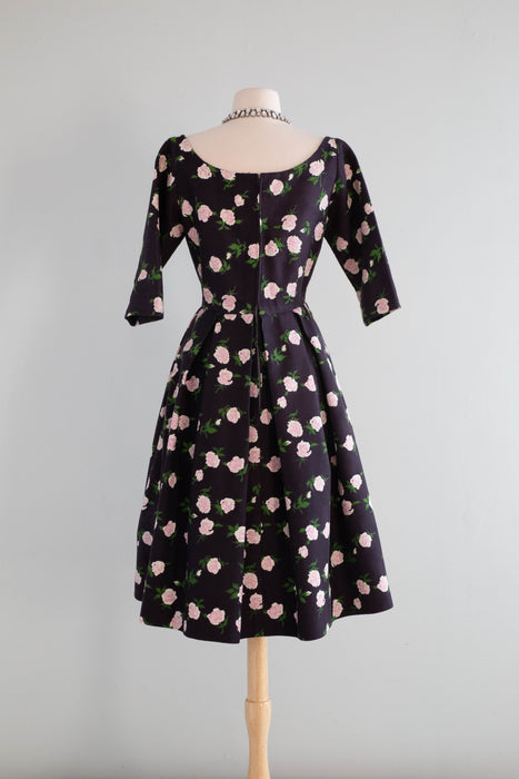 Classic 1950's French Couture Rose Print Party Dress Jean Dando Paris / Small