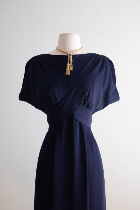 Elegant 1950's Navy Blue Silk Dress By Adele Simpson / Medium