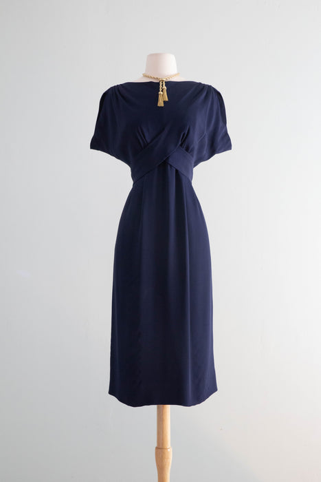 Elegant 1950's Navy Blue Silk Dress By Adele Simpson / Medium